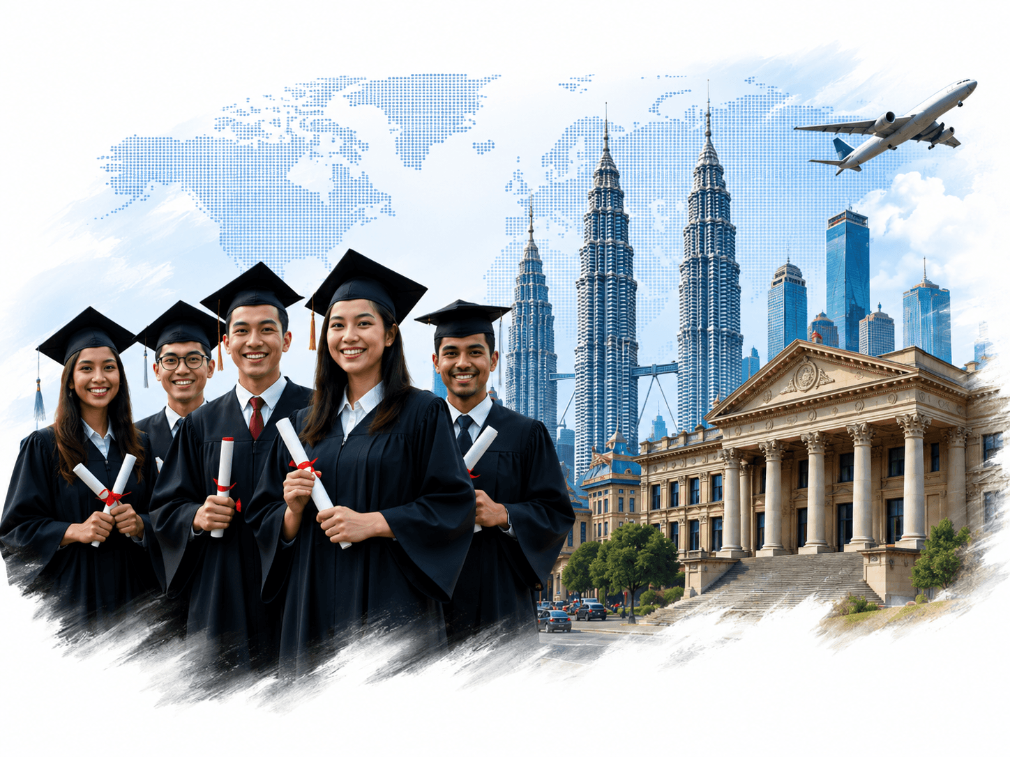 Graduates celebrating with global education map, Kuala Lumpur skyline, university building, and international travel themes